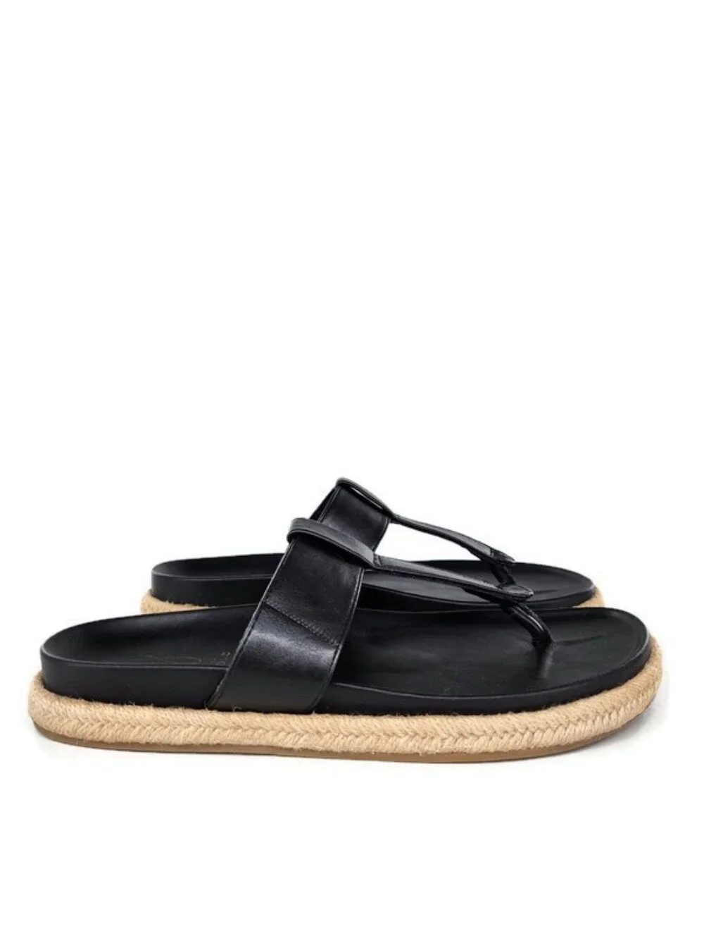 Joie Nacho Black Vegan Slide-On Thong Braided Jute Espadrille Flat Sandals